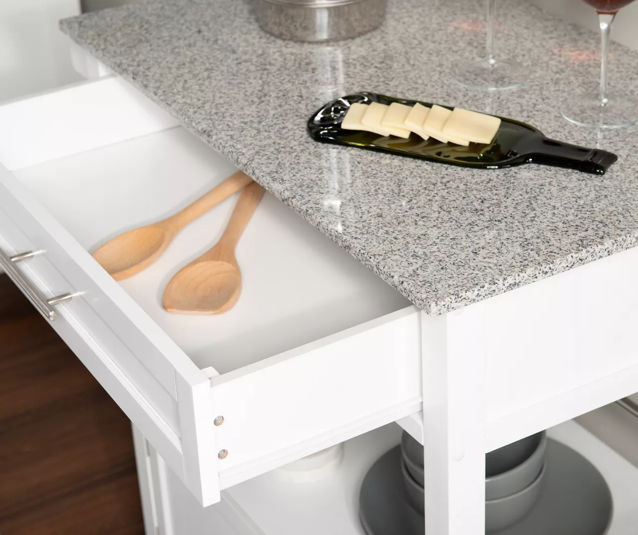White Double Door Kitchen Cart With Granite Top - Image 4
