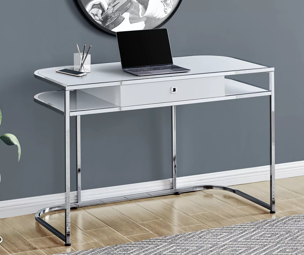 White & Silver Chrome Office Desk - Image 2