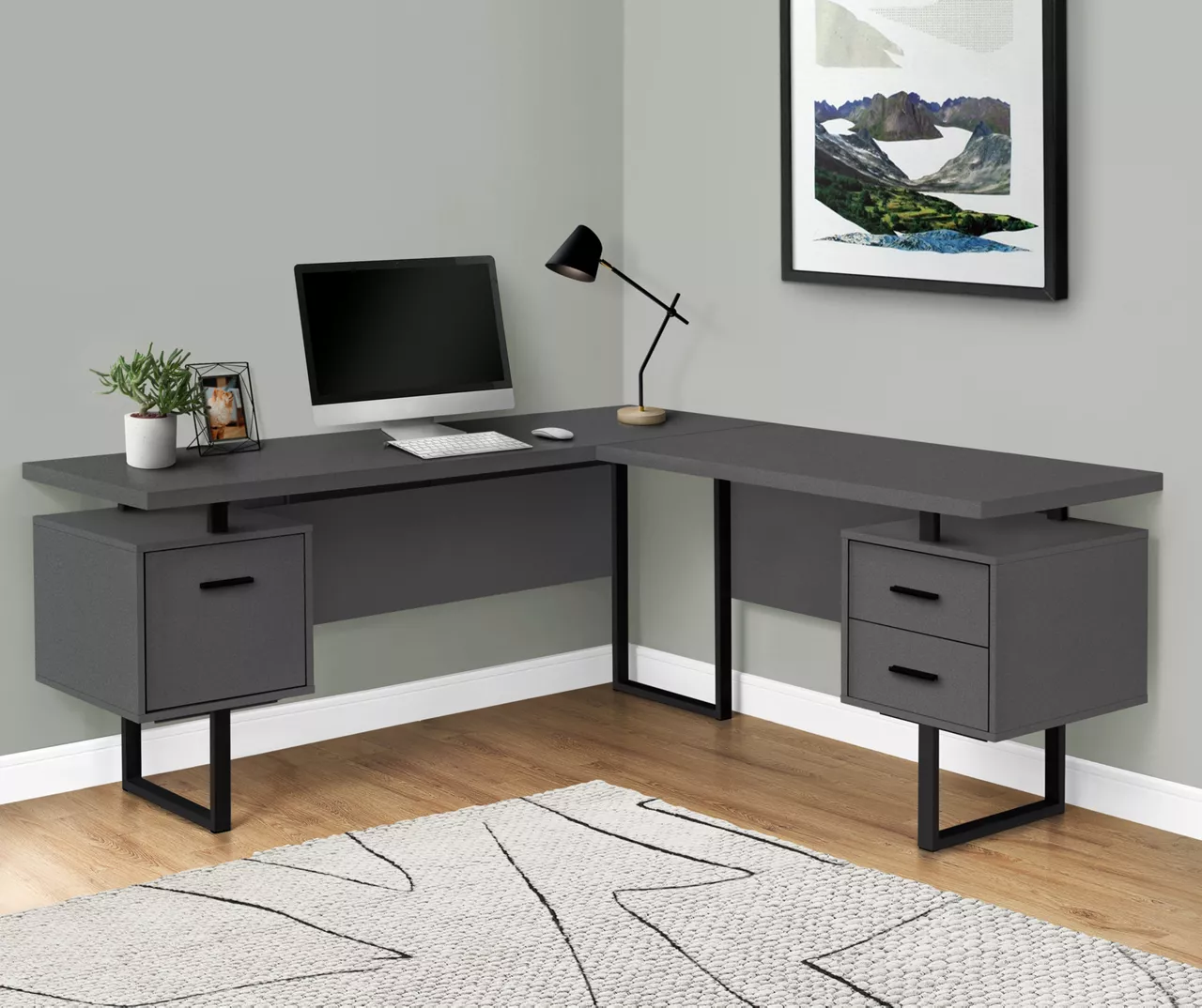Black & Gray 3-Drawer L-Shaped Corner Desk - Image 2