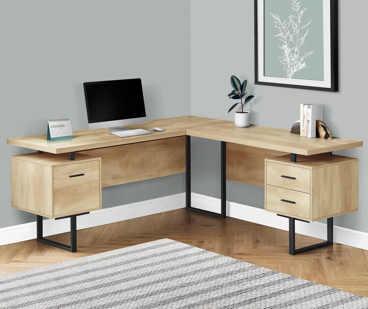 Natural Wood Look 3-Drawer L-Shaped Corner Comptuer Desk - Image 2