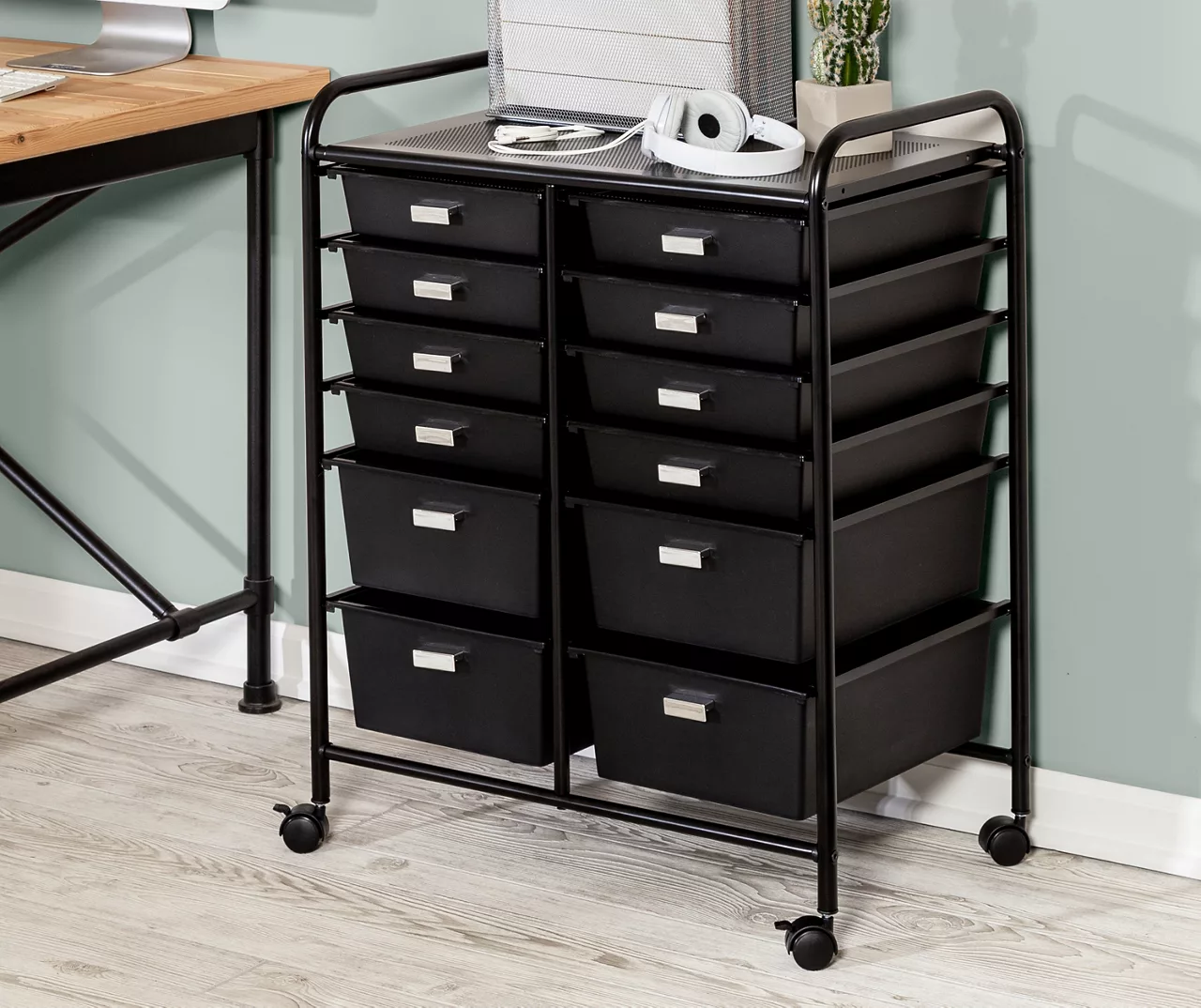 Black Metal 12-Drawer Rolling Storage Cart - Image 2