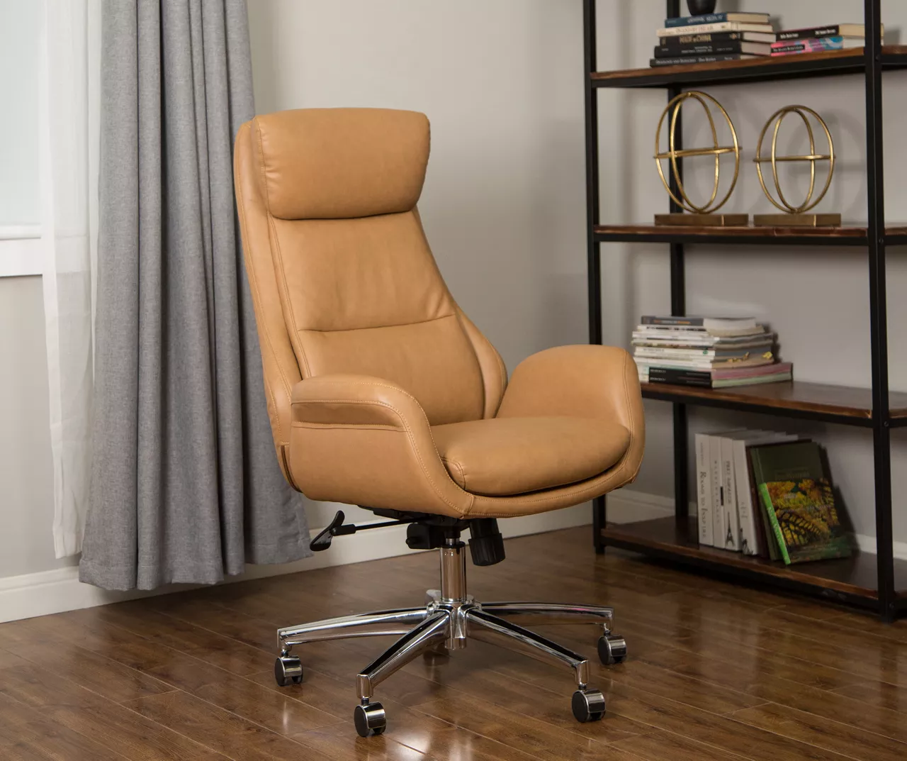 Light Brown Mid-Century Modern Faux Leather Executive Office Chair - Image 4
