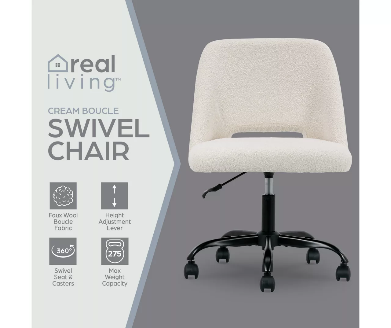 Cream Faux Wool Boucle Rolling Swivel Office Chair - Image 5