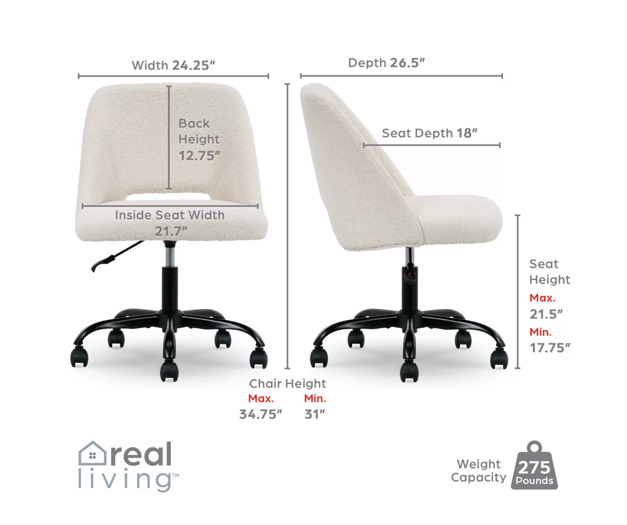 Cream Faux Wool Boucle Rolling Swivel Office Chair - Image 12